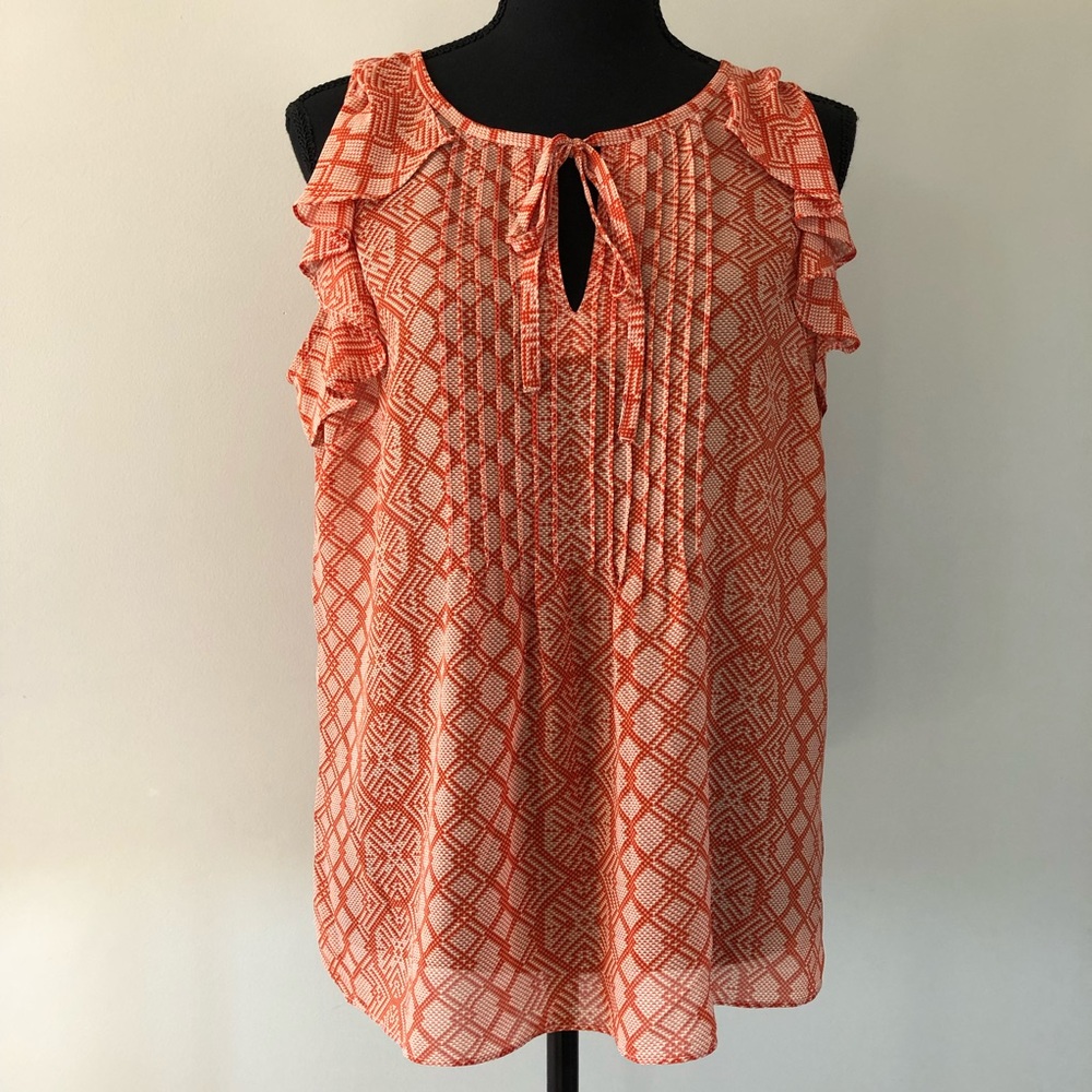 Women’s Rose & Olive Sheer Geometric Orange ruffled detail sleeveless top size M